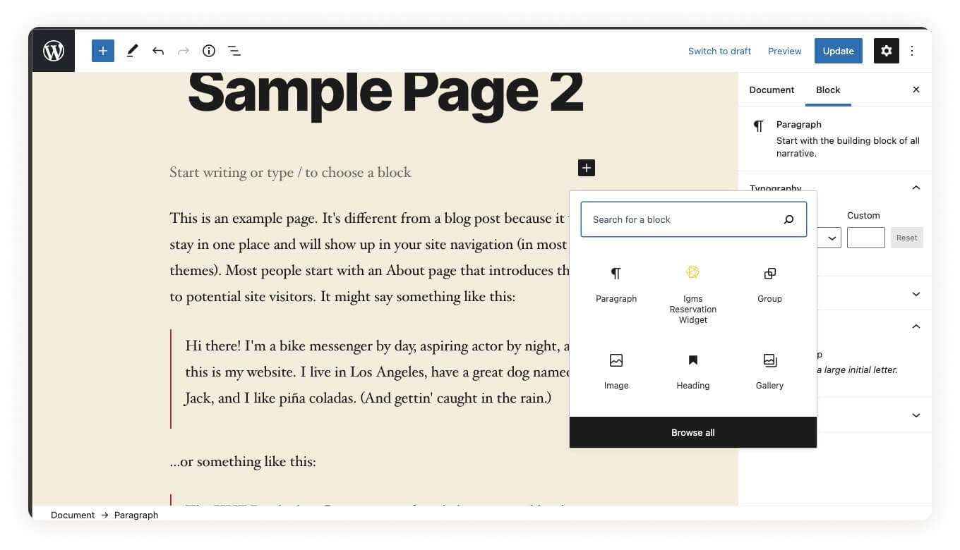 WordPress Blog Post Sample Page Add Block iGMS Reservation Widget