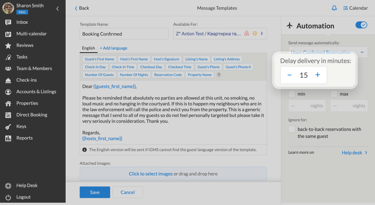 iGMS Message Template Editor Delay delivery in minutes