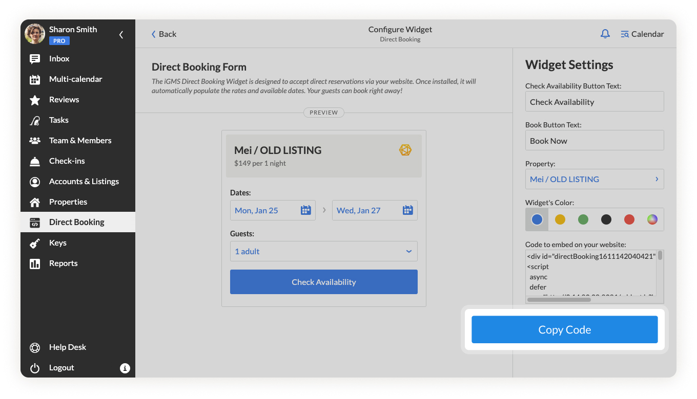 Direct Booking Widget Copy Code